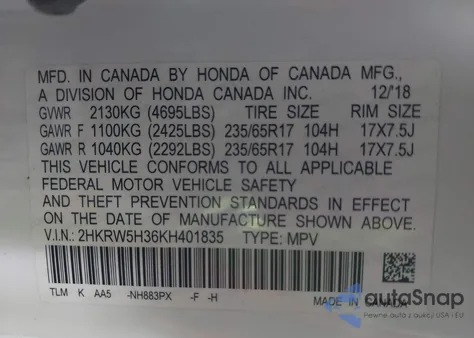 2019 Honda Cr-V Lx из США, поврежденный, VIN 2HKRW5H36KH401835